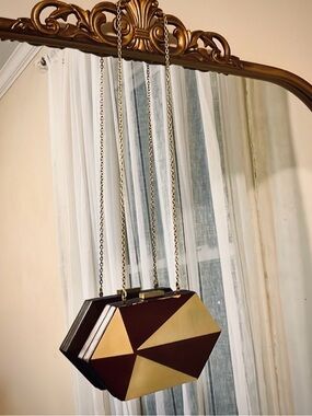 Vintage Sondra Roberts Geometric Wood Minaudière Clutch – 3D Faceted